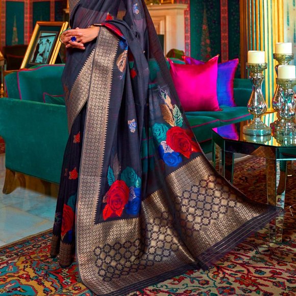 JHEAPS ADMIRAL BLUE SOFT SILK MULTI SLUB WEAVING PRETTY SAREE - Picture 3 of 4